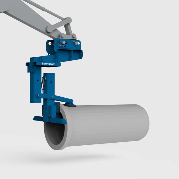 excavator mechanical pipe lifter lifting a concrete pipe side view