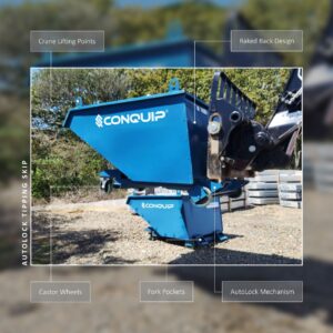 Conquip Autolock Tipping Skip with key parts labelled.