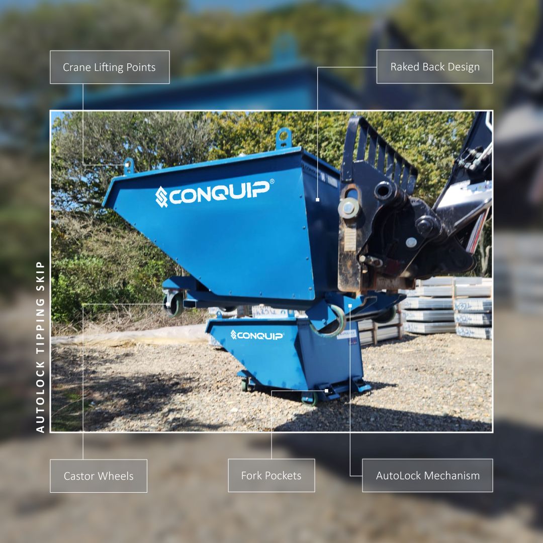 Telehandler Using Tipper Skip Autolock Tipping Skip | Forklift Skip | Telehandler Skip | Conquip UK