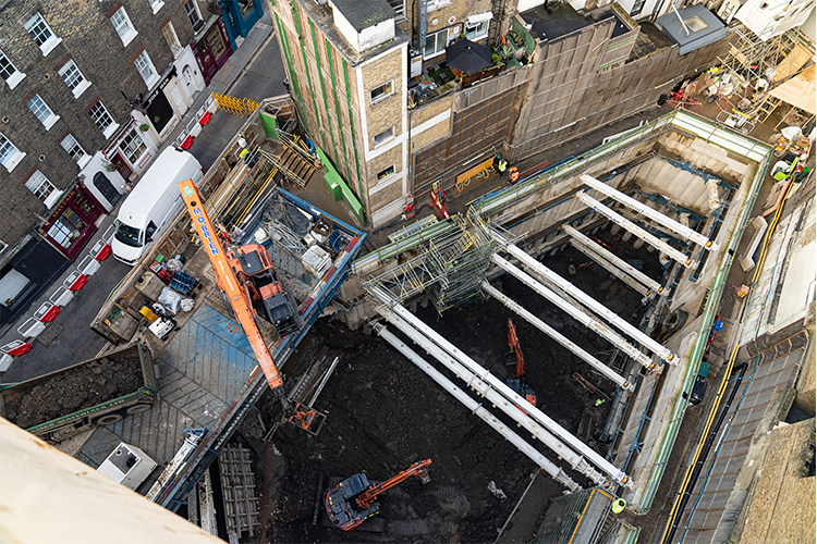 Birds eye view of Cambridge House temporary works including Excavator Gantry Platform and temporary propping