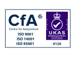 Logo showing CfA Centre for Assessment and the UKAS Management Systems symbol with a checkmark. Lists ISO 9001, ISO 14001, ISO 45001 certifications, and UKAS reference number 0120.