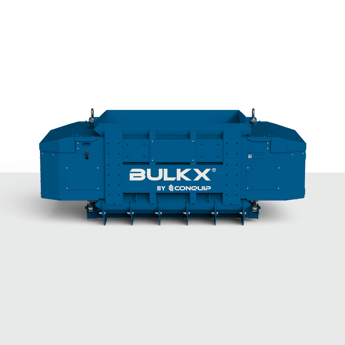 Conquip Smart-Release BulkX, hydraulic bulk excavation skip, blue render, white background