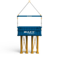 Conquip Cantilevered Gantry BulkX, Front facing render, gantry and skip, bulk excavation, blue render, white background