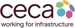Logo for CECA featuring the text ceca in lowercase, with five colourful circular shapes to the upper right, and the tagline working for infrastructure below in smaller letters.
