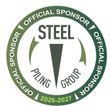 Circular logo for Steel Piling Group with Official Sponsor text around the border and 2026-2027 at the bottom. The design includes green and grey colours with arrow graphics.