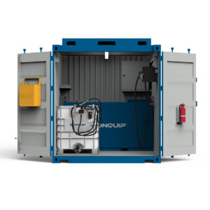 Conquip Fuel Eco-Hub, Hero Image, Blue render, front-facing, doors open, fuel bowser, ibc, fuel pump, spill kit, fire extinguisher, white background