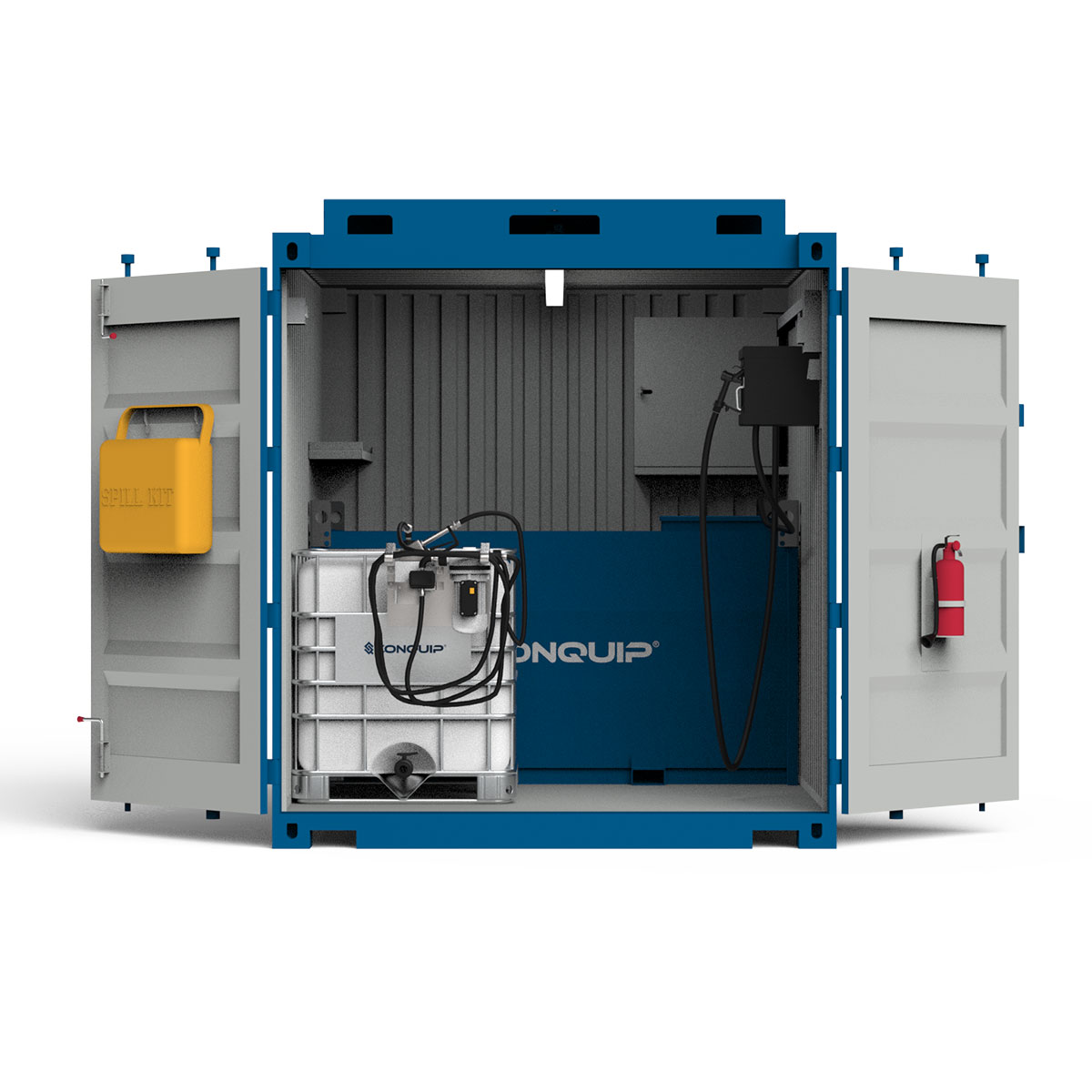 Conquip Fuel Eco-Hub, Hero Image, Blue render, front-facing, doors open, fuel bowser, ibc, fuel pump, spill kit, fire extinguisher, white background
