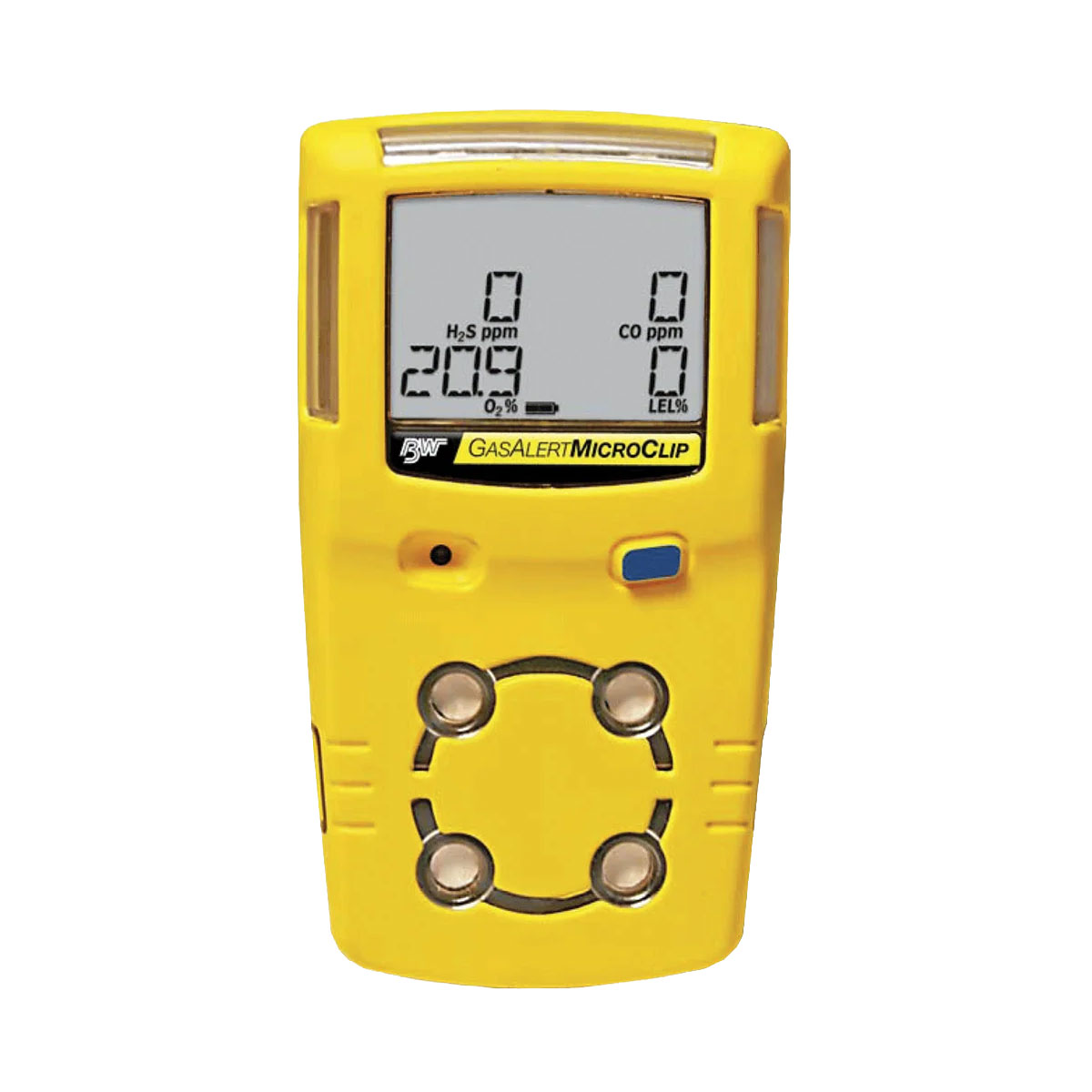 Conquip Gas Monitor, Hero Image, front-facing, yellow body with grey interface, detects up to 4 gases simultaneously, white background