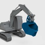 excavator pouring bucket attachment on an excavator