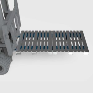 fork extensions on a forklift lifting two pallets