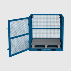 small goods cage with open gate loaded with a pallet