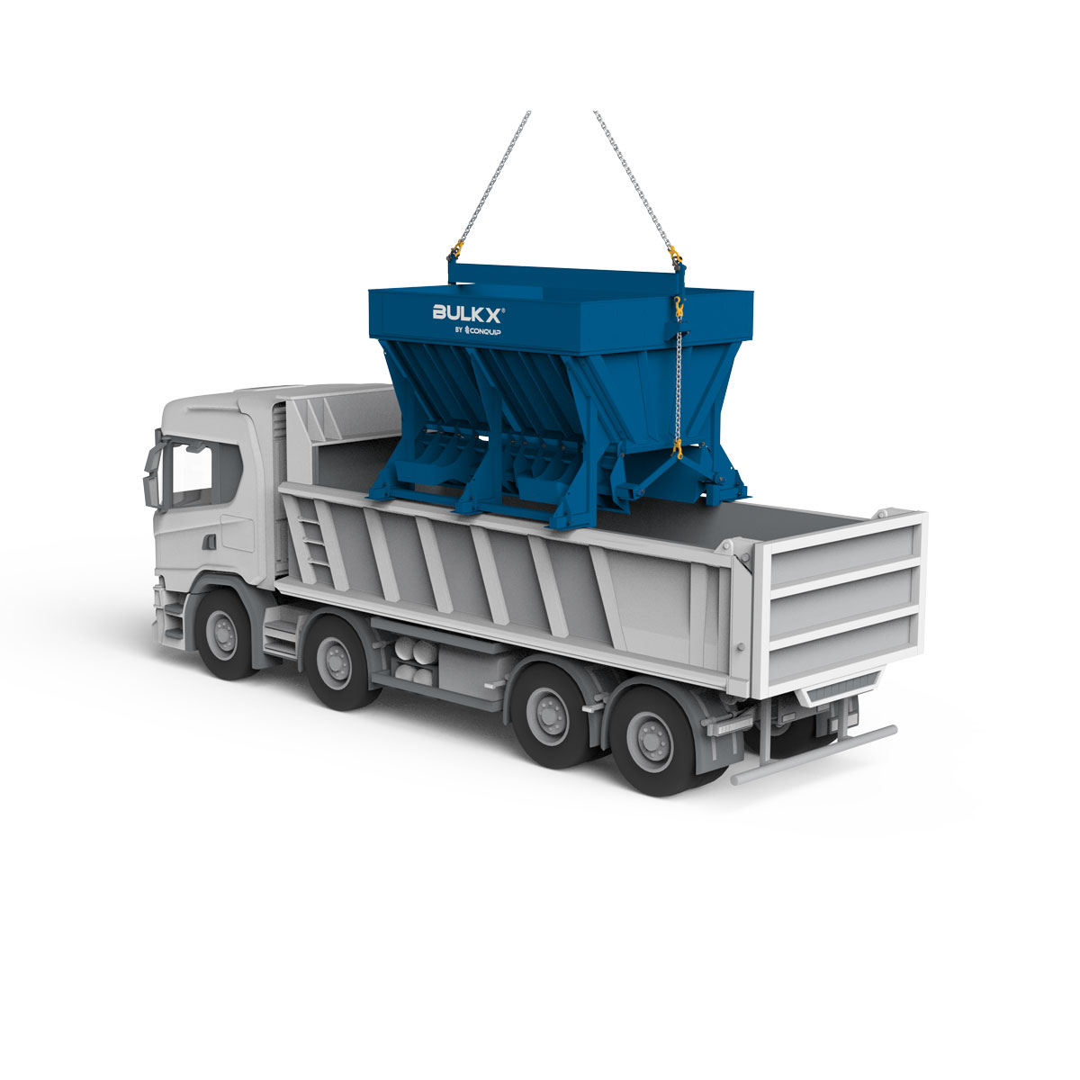 Conquip Diretc-To_Truck BulkX, Leftfacing render, Skip emptying directly into truck, bulk excavation, blue render, white background