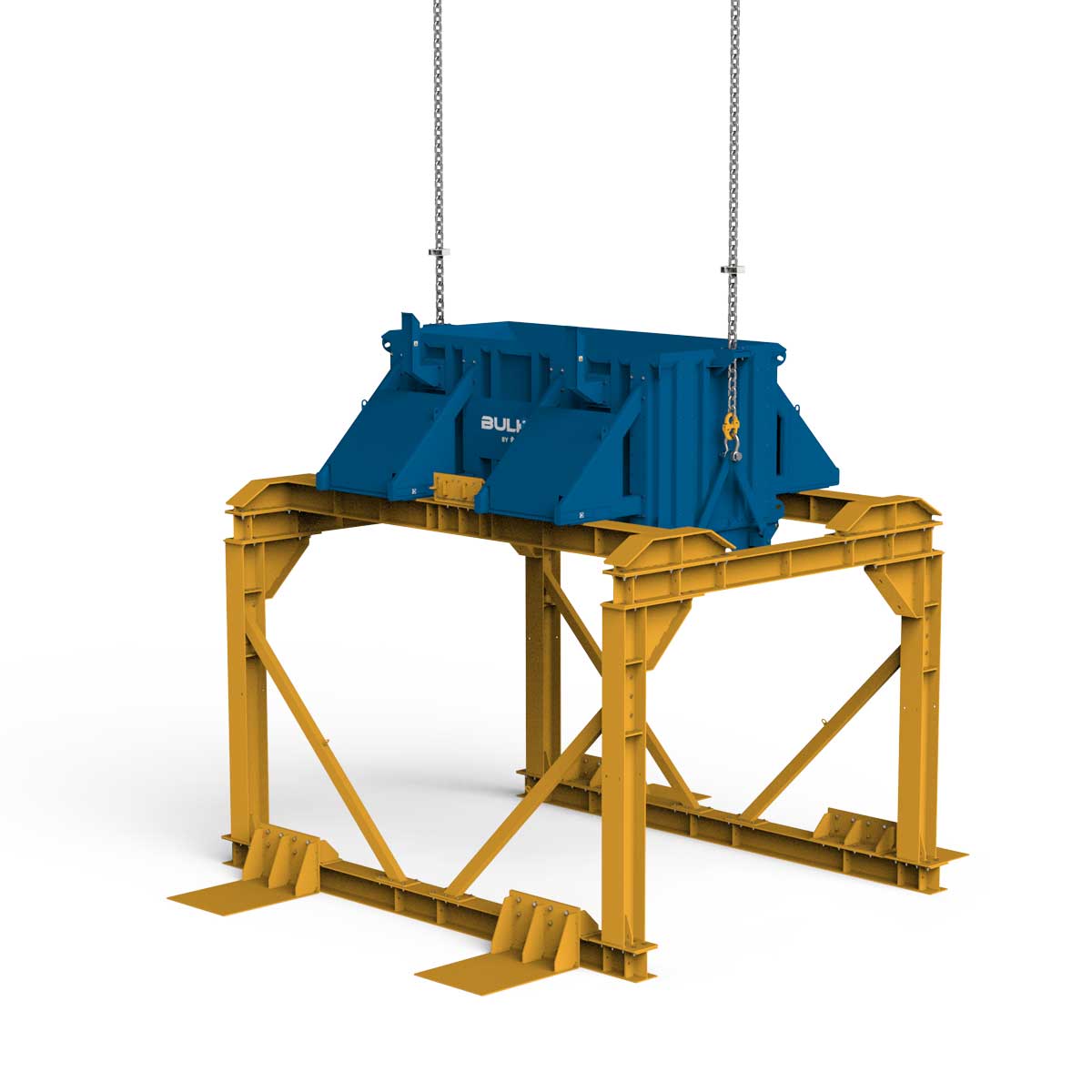 Conquip Free-Standing Gantry BulkX, Left facing render, gantry and skip, bulk excavation, blue render, white background