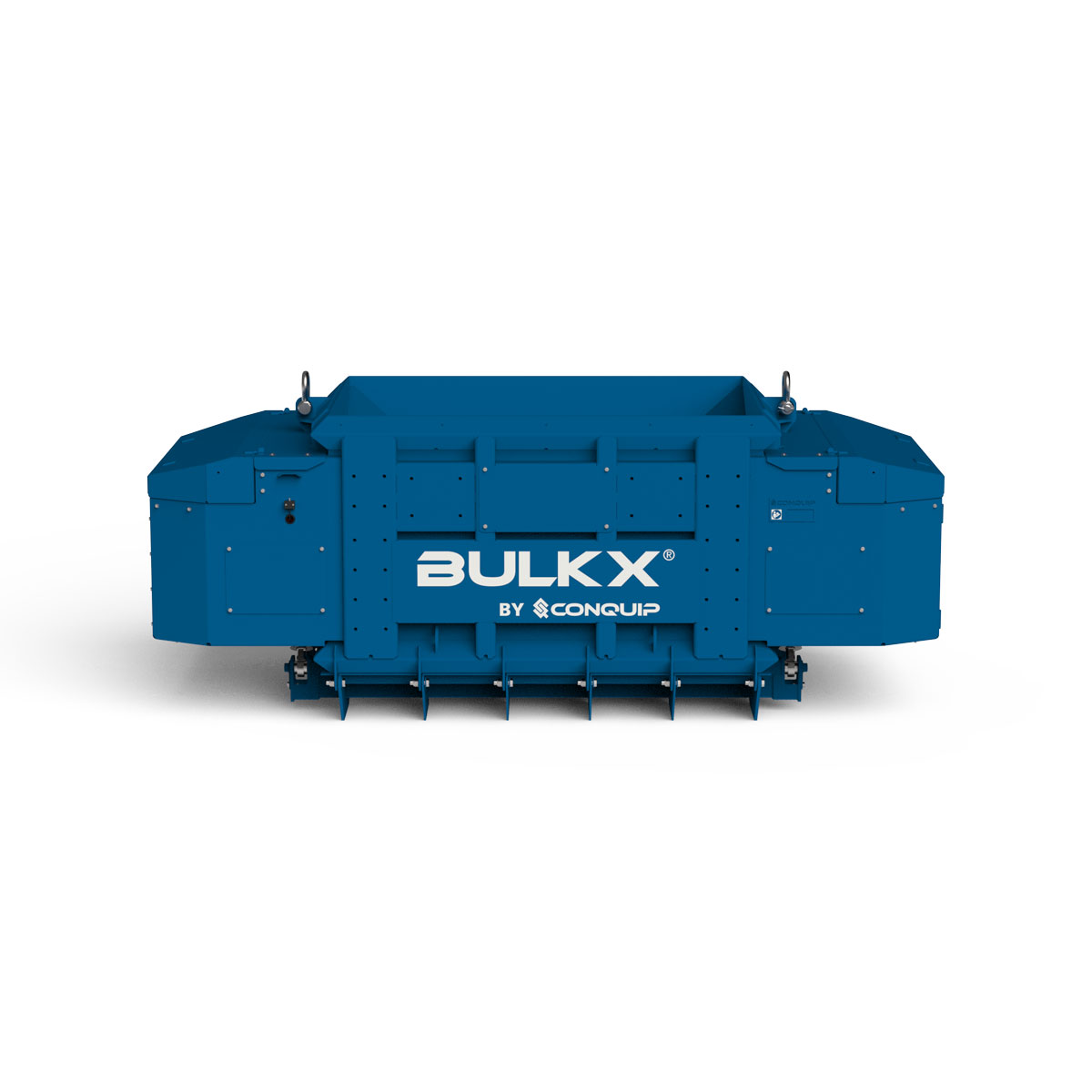 Conquip Smart-Release BulkX, hydraulic bulk excavation skip, blue render, white background